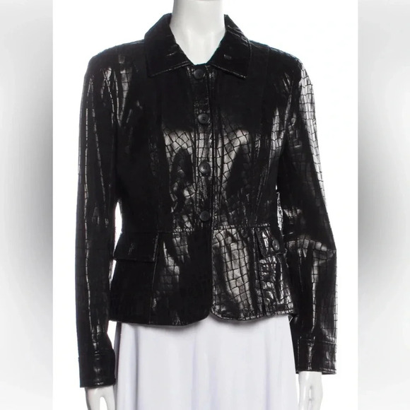 Neiman Marcus Exclusive 100% Embossed Leather Moto Peplum Jacket Black Size 6